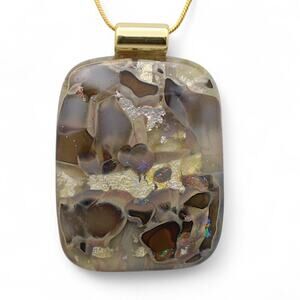Rectangular Shaped- Custom Glass Fused Gem, Earth Tones 18" chain. 1.25 x 1.5"